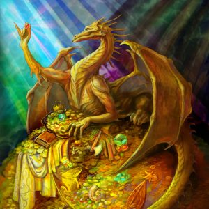A dragon on a hoard of treasure.