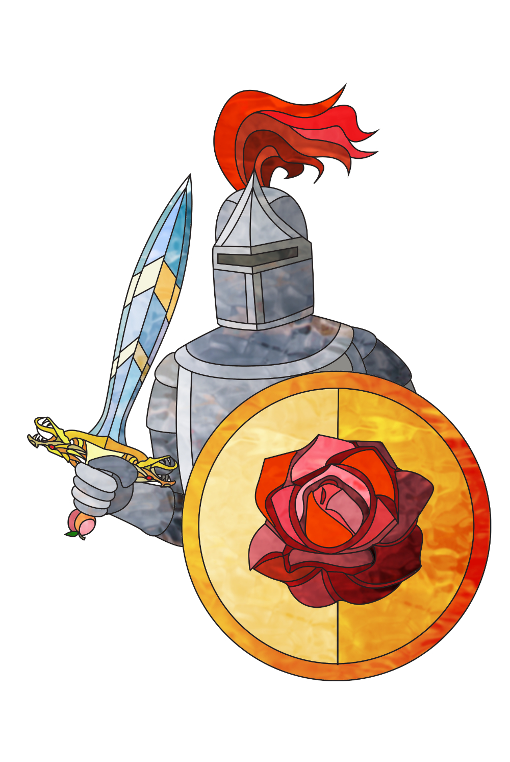 A stained-glass style illustration of an armoured knight holding a sword and a round shield bearing a red rose on a golden background. A red plume flows from the helmet. The sword is the same sword shown on the cover of The Unquiet Sword.