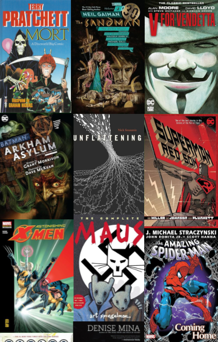 A collage of graphic novel covers.