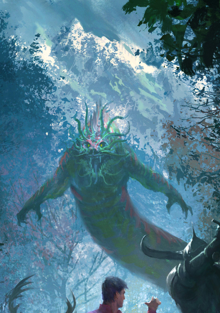 Illustration of a large green serpent-like creature with red markings. The monster is reared back on its thick, snake-like tail, strong forearms held to the side. This is Mester Stoorworm, who stands in a forest setting, with tall mountains visible behind it. The creature has a crown of thin curling fronds on its head, yellow eyes, and bared teeth.